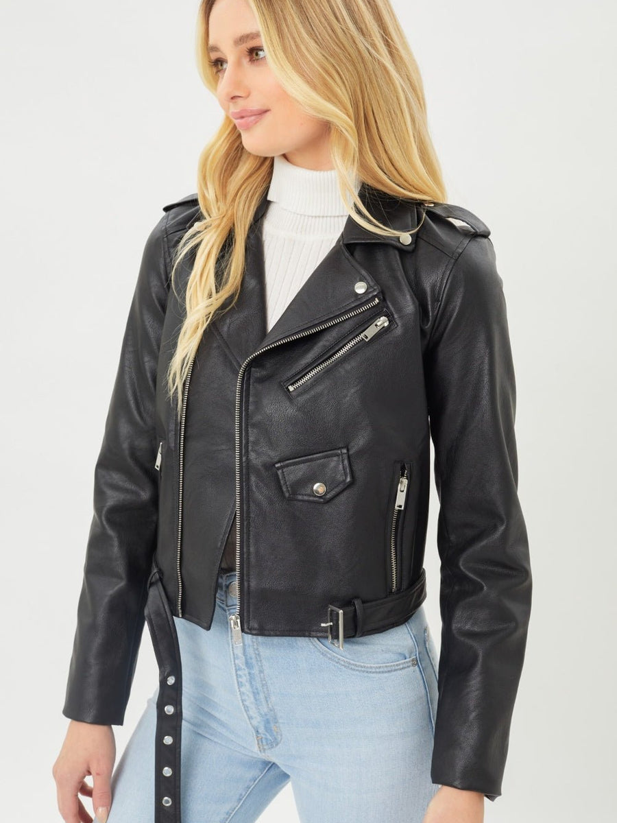 Faith Apparel Faux Leather Zip Up Biker Jacket - Opulent EmpireFaith Apparel Faux Leather Zip Up Biker JacketOpulent Empire