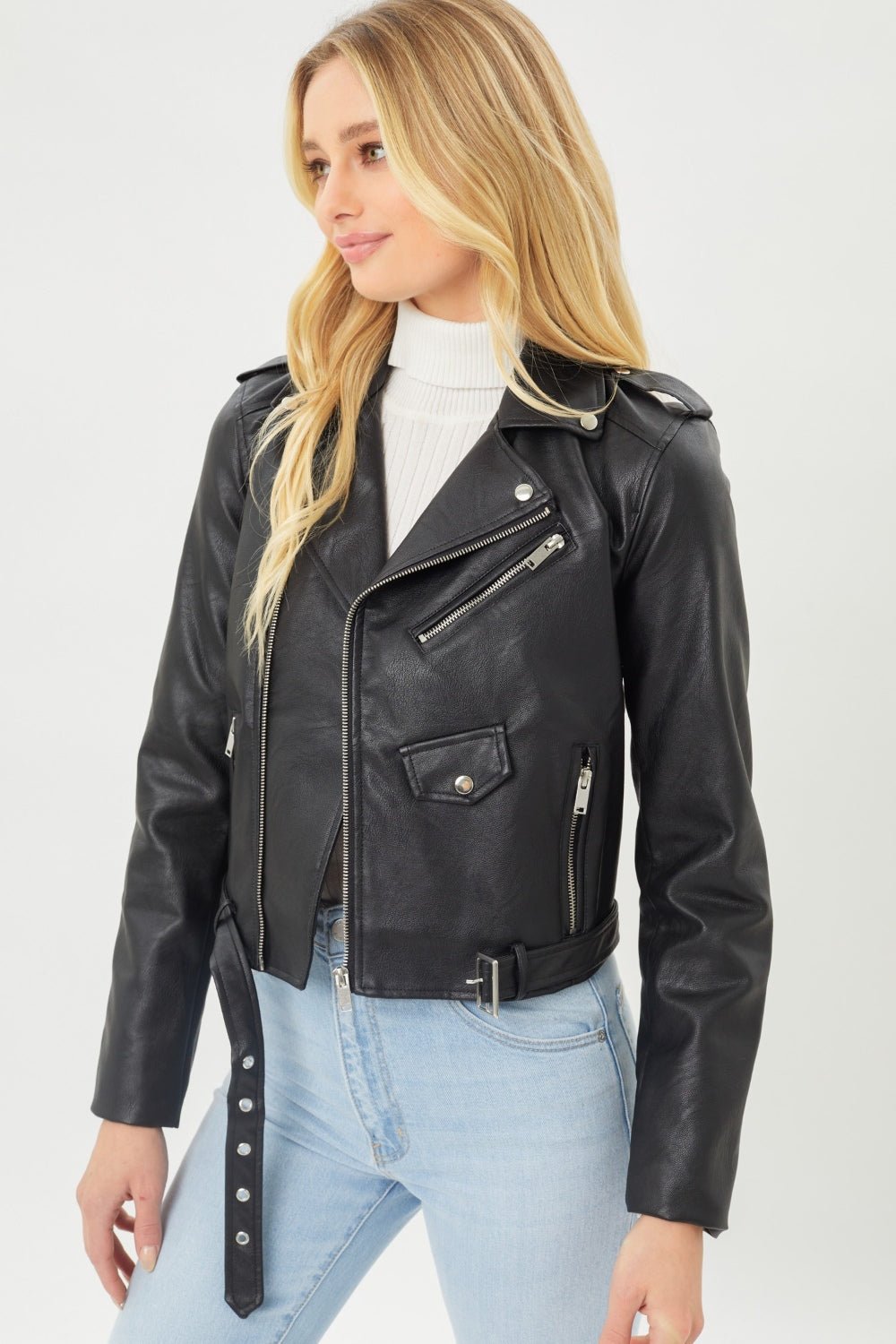 Faith Apparel Faux Leather Zip Up Biker Jacket - Opulent EmpireFaith Apparel Faux Leather Zip Up Biker JacketOpulent Empire