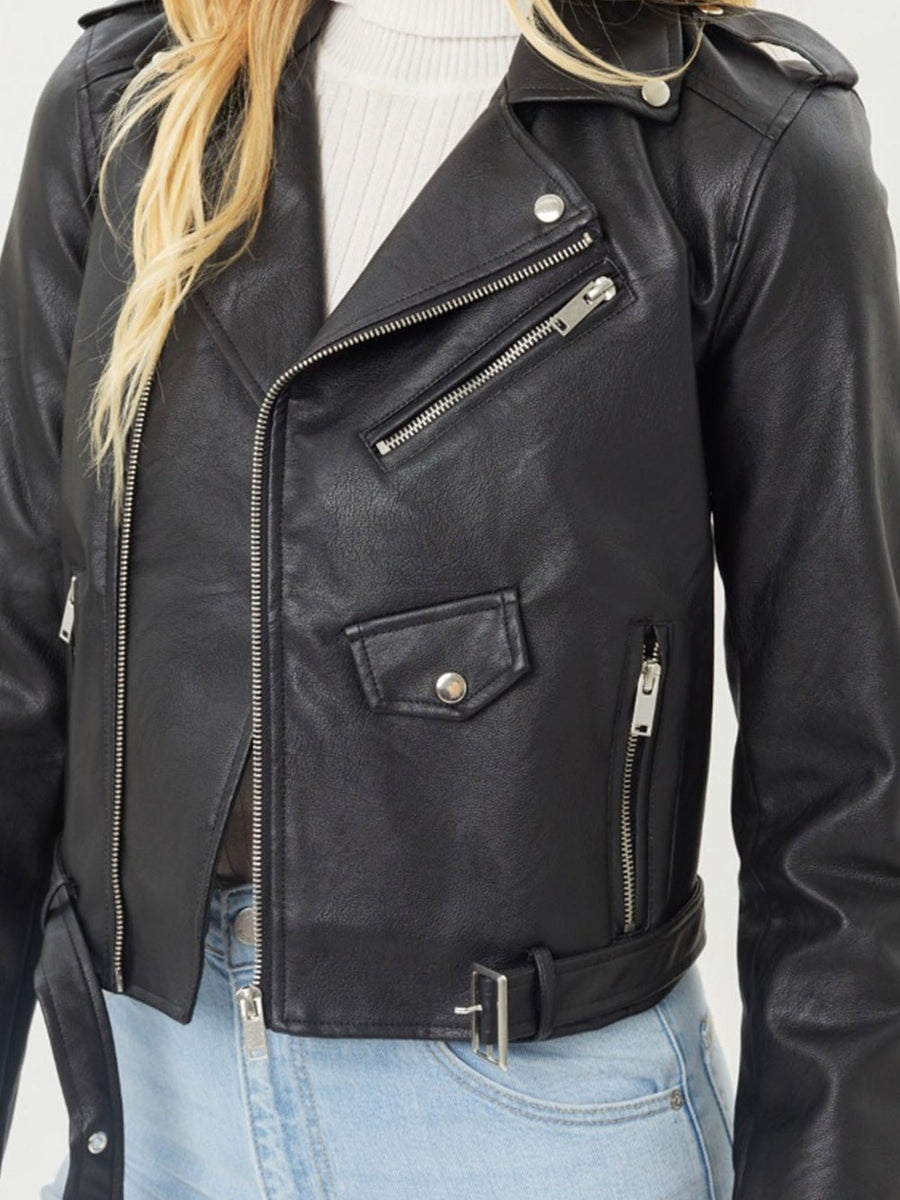 Faith Apparel Faux Leather Zip Up Biker Jacket - Opulent EmpireFaith Apparel Faux Leather Zip Up Biker JacketOpulent Empire