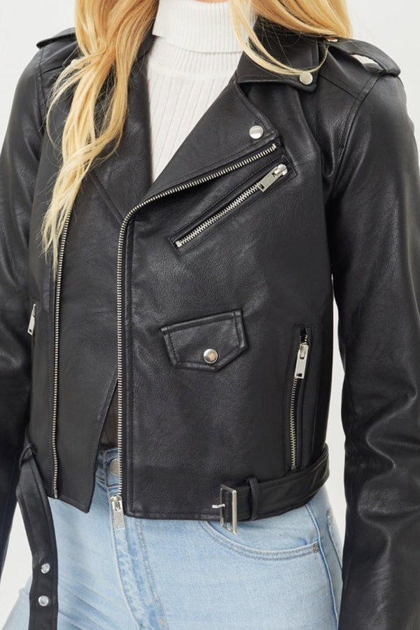 Faith Apparel Faux Leather Zip Up Biker Jacket - Opulent EmpireFaith Apparel Faux Leather Zip Up Biker JacketOpulent Empire