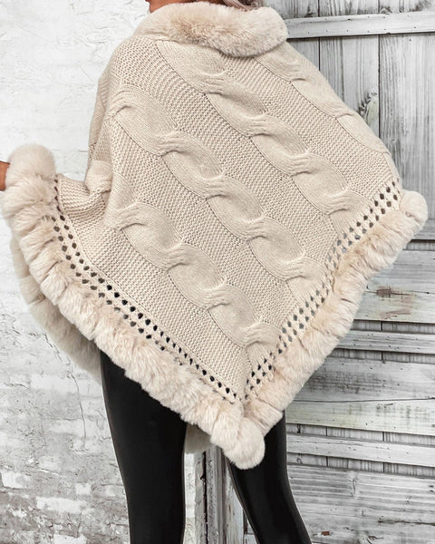 Faux Fur Trim Cable-Knit Poncho - Opulent EmpireFaux Fur Trim Cable-Knit PonchoOpulent EmpireClothing