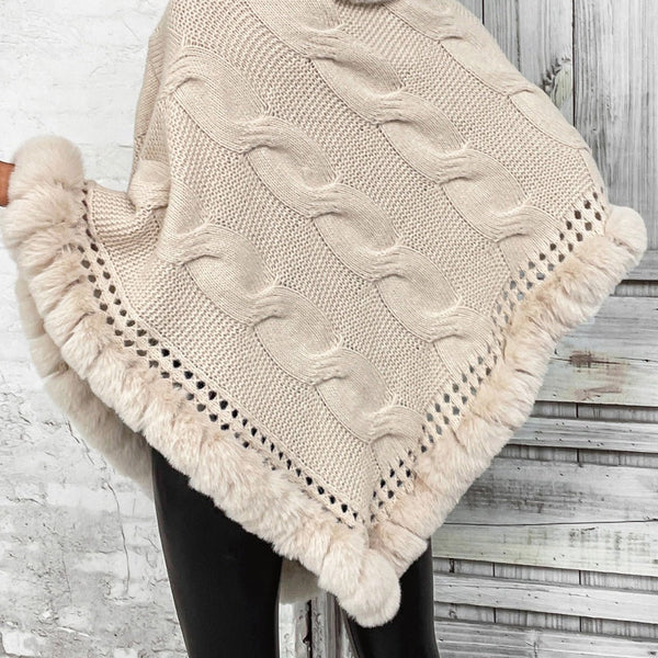 Faux Fur Trim Cable-Knit Poncho - Opulent EmpireFaux Fur Trim Cable-Knit PonchoOpulent EmpireClothing