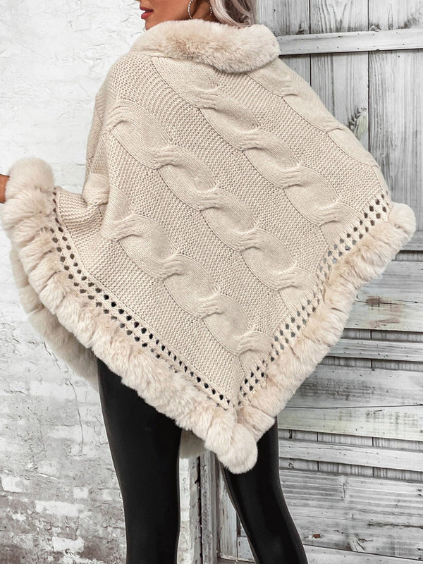 Faux Fur Trim Cable-Knit Poncho - Opulent EmpireFaux Fur Trim Cable-Knit PonchoOpulent EmpireClothing