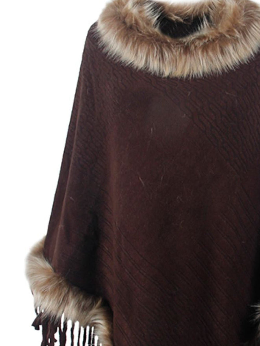 Faux Fur Trim Fringed Poncho - Opulent EmpireFaux Fur Trim Fringed PonchoOpulent EmpireClothing