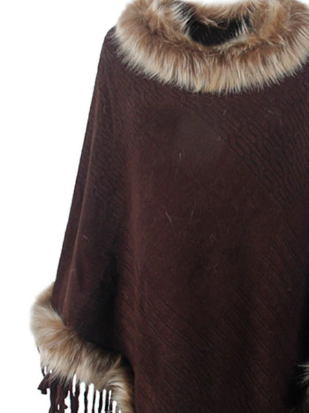 Faux Fur Trim Fringed Poncho - Opulent EmpireFaux Fur Trim Fringed PonchoOpulent EmpireClothing