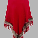 Faux Fur Trim Fringed Poncho - Opulent EmpireFaux Fur Trim Fringed PonchoOpulent EmpireClothing