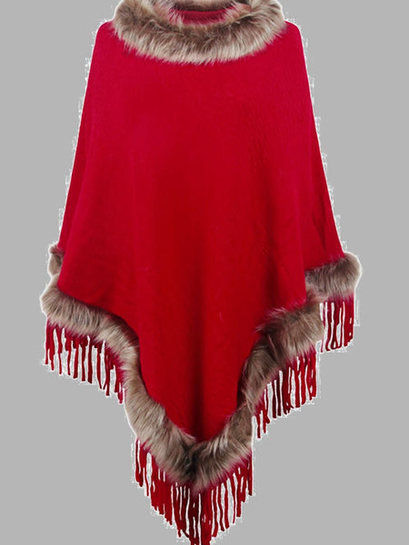 Faux Fur Trim Fringed Poncho - Opulent EmpireFaux Fur Trim Fringed PonchoOpulent EmpireClothing