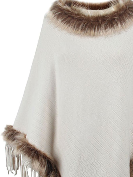 Faux Fur Trim Fringed Poncho - Opulent EmpireFaux Fur Trim Fringed PonchoOpulent EmpireClothing