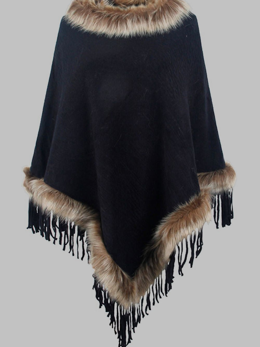 Faux Fur Trim Fringed Poncho - Opulent EmpireFaux Fur Trim Fringed PonchoOpulent EmpireClothing