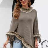 Faux Fur Trim Fringed Poncho - Opulent EmpireFaux Fur Trim Fringed PonchoOpulent EmpireClothing