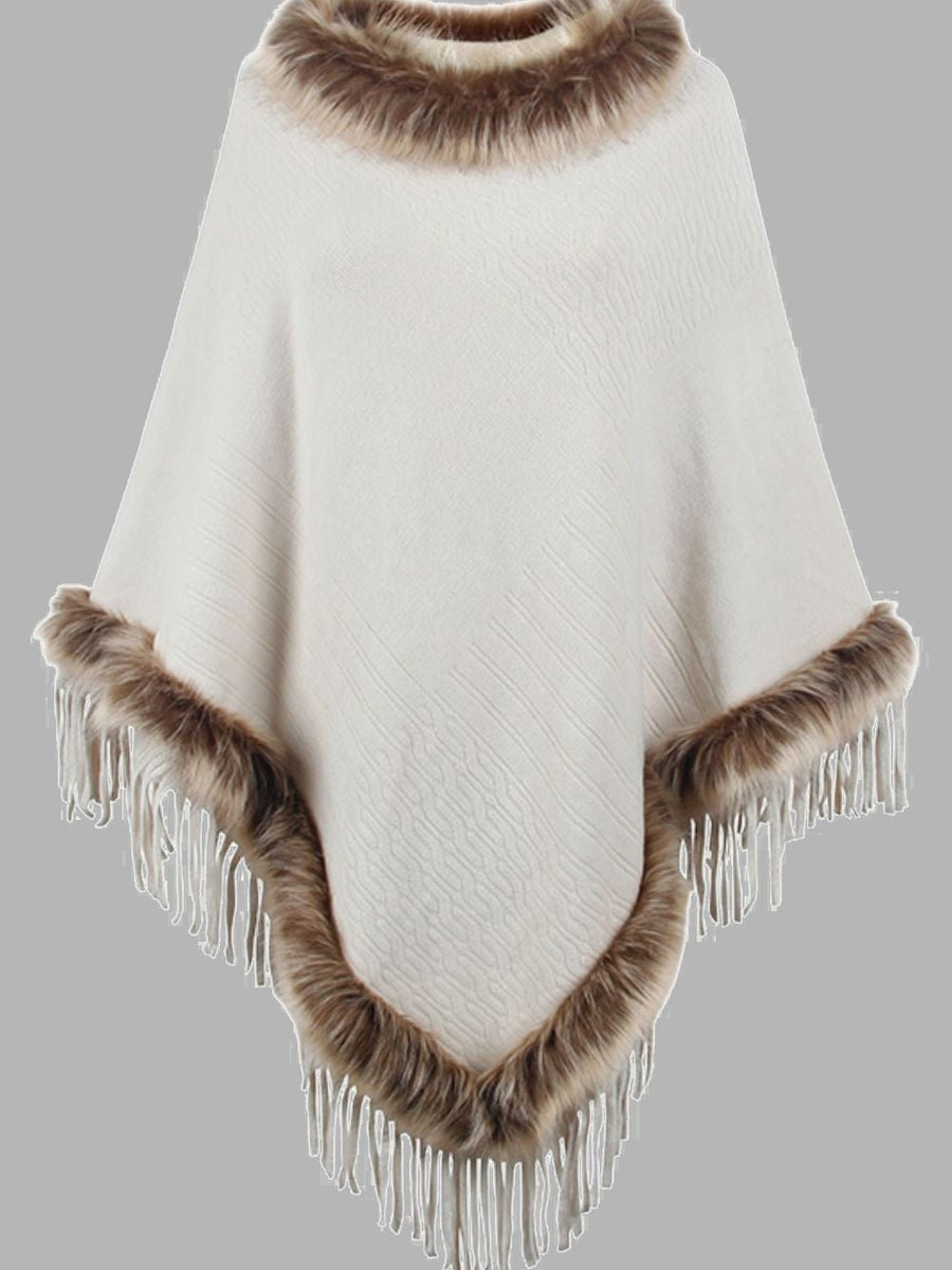 Faux Fur Trim Fringed Poncho - Opulent EmpireFaux Fur Trim Fringed PonchoOpulent EmpireClothing