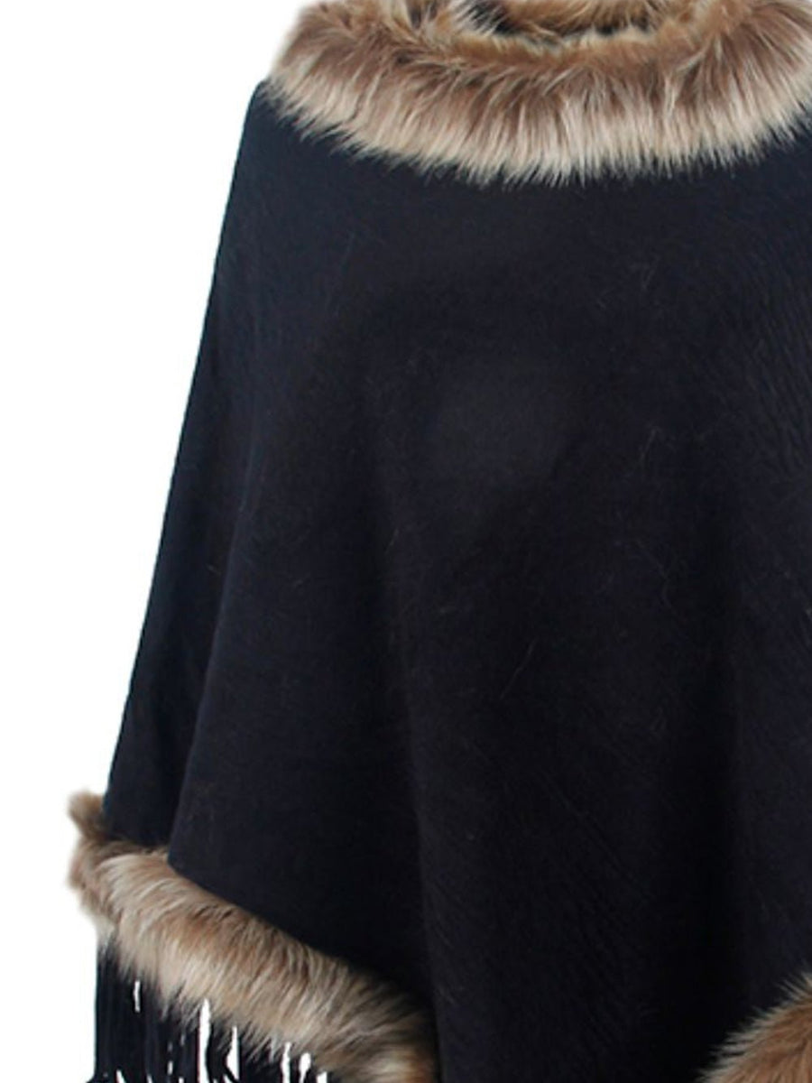 Faux Fur Trim Fringed Poncho - Opulent EmpireFaux Fur Trim Fringed PonchoOpulent EmpireClothing