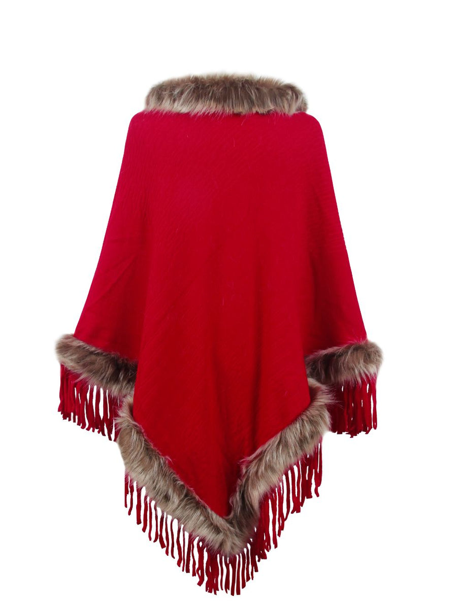 Faux Fur Trim Fringed Poncho - Opulent EmpireFaux Fur Trim Fringed PonchoOpulent EmpireClothing