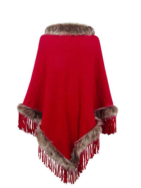 Faux Fur Trim Fringed Poncho - Opulent EmpireFaux Fur Trim Fringed PonchoOpulent EmpireClothing