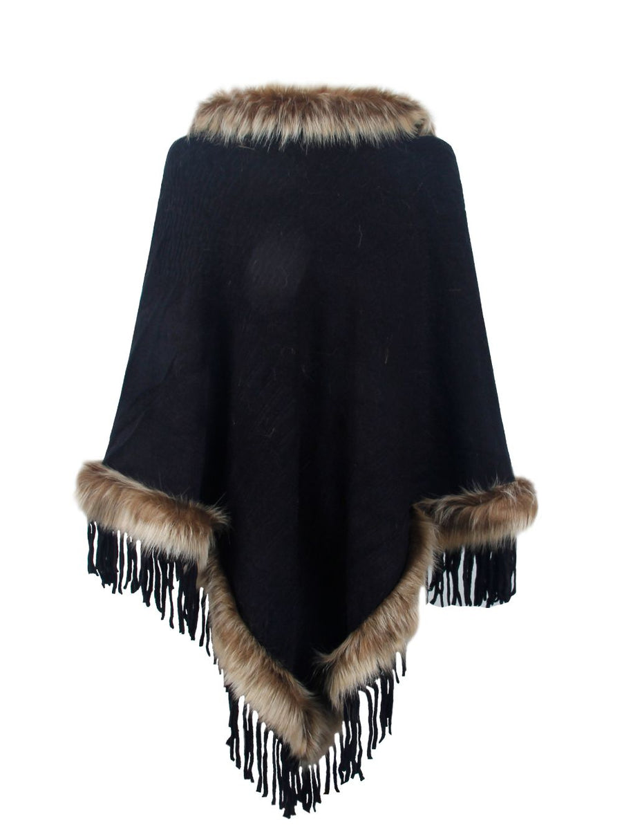 Faux Fur Trim Fringed Poncho - Opulent EmpireFaux Fur Trim Fringed PonchoOpulent EmpireClothing