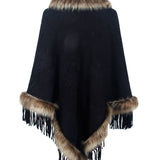 Faux Fur Trim Fringed Poncho - Opulent EmpireFaux Fur Trim Fringed PonchoOpulent EmpireClothing