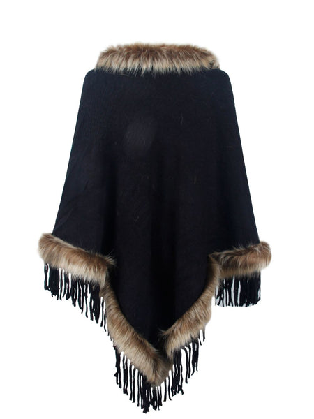 Faux Fur Trim Fringed Poncho - Opulent EmpireFaux Fur Trim Fringed PonchoOpulent EmpireClothing