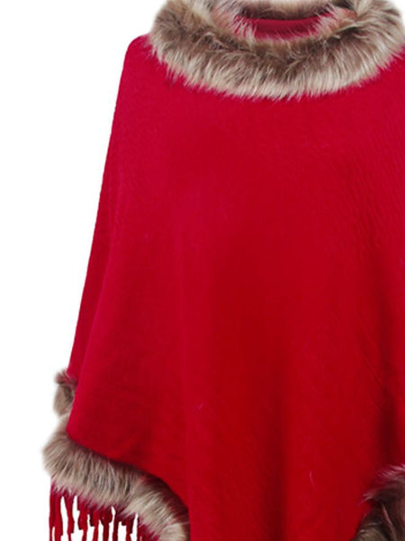 Faux Fur Trim Fringed Poncho - Opulent EmpireFaux Fur Trim Fringed PonchoOpulent EmpireClothing