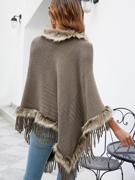 Faux Fur Trim Fringed Poncho - Opulent EmpireFaux Fur Trim Fringed PonchoOpulent EmpireClothing