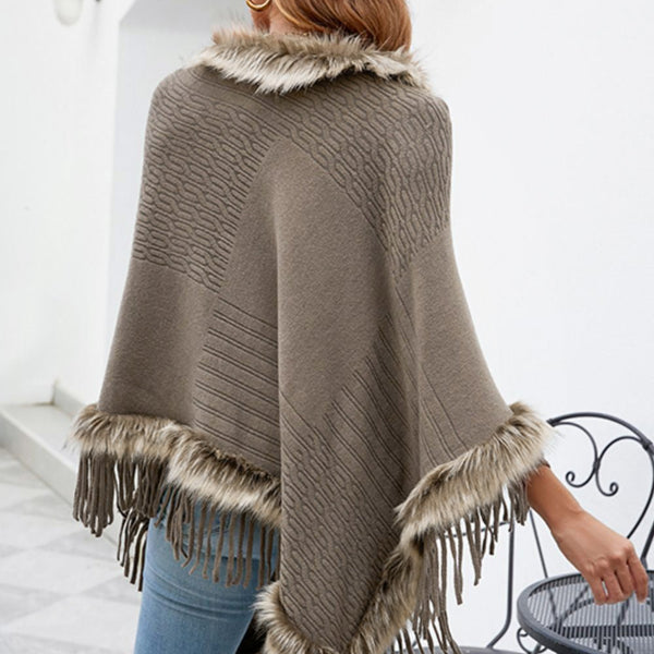 Faux Fur Trim Fringed Poncho - Opulent EmpireFaux Fur Trim Fringed PonchoOpulent EmpireClothing