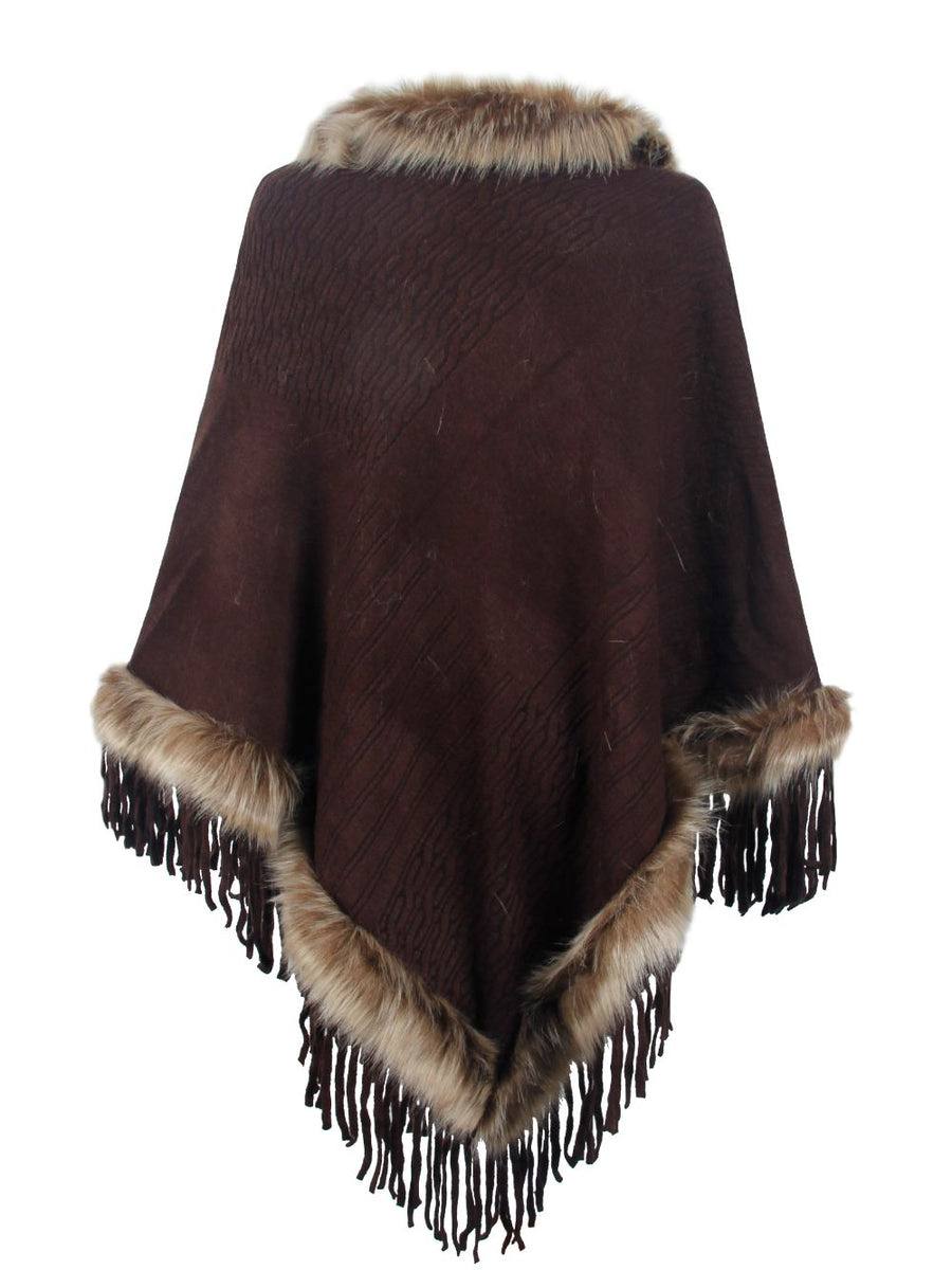 Faux Fur Trim Fringed Poncho - Opulent EmpireFaux Fur Trim Fringed PonchoOpulent EmpireClothing