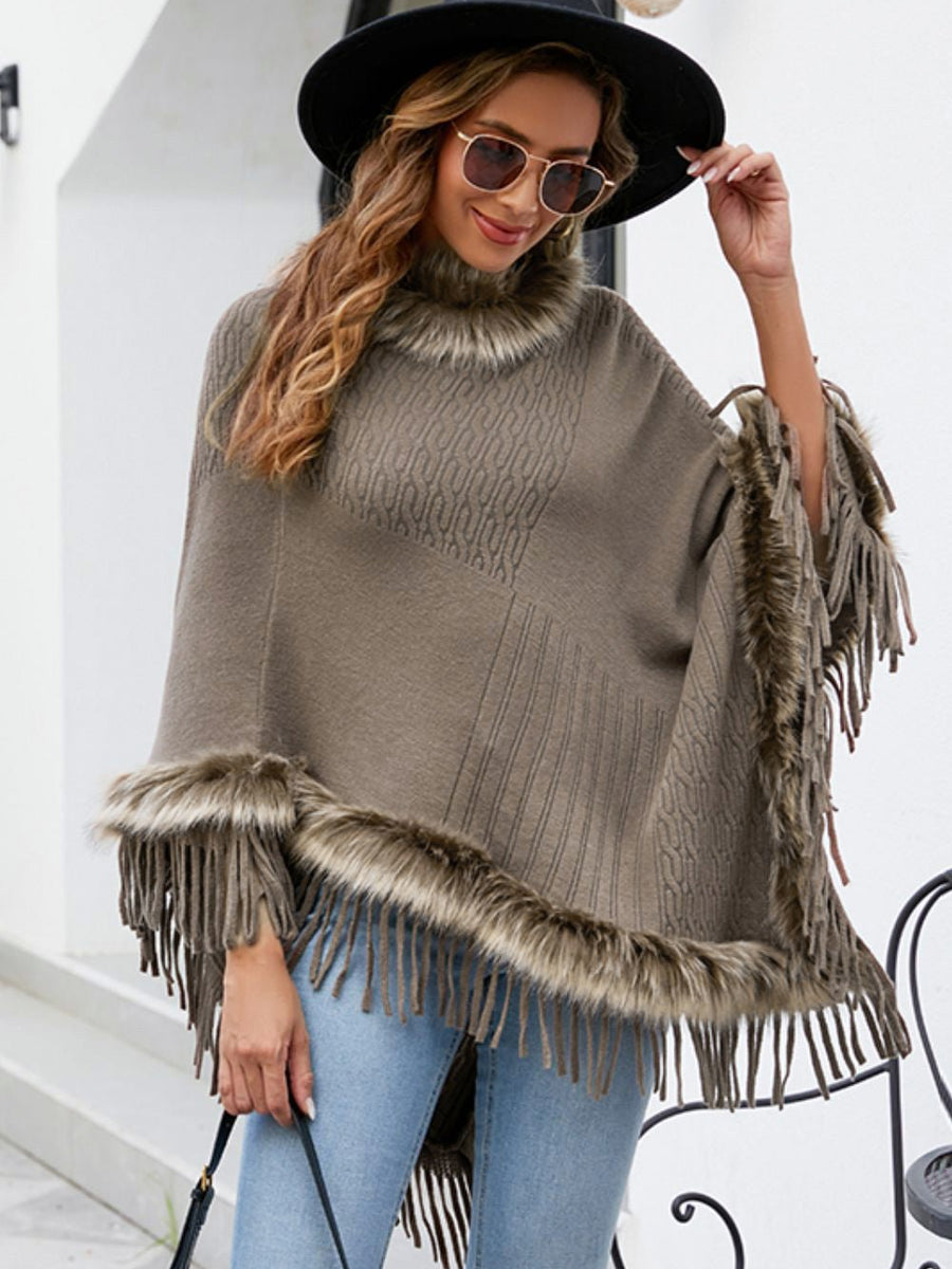 Faux Fur Trim Fringed Poncho - Opulent EmpireFaux Fur Trim Fringed PonchoOpulent EmpireClothing