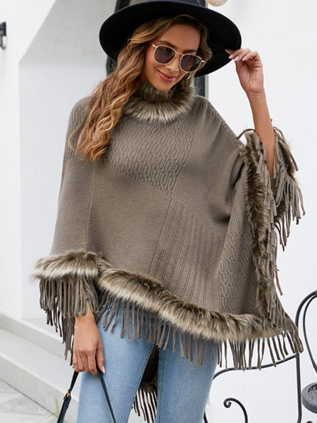 Faux Fur Trim Fringed Poncho - Opulent EmpireFaux Fur Trim Fringed PonchoOpulent EmpireClothing