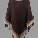 Faux Fur Trim Fringed Poncho - Opulent EmpireFaux Fur Trim Fringed PonchoOpulent EmpireClothing