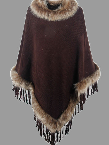 Faux Fur Trim Fringed Poncho - Opulent EmpireFaux Fur Trim Fringed PonchoOpulent EmpireClothing