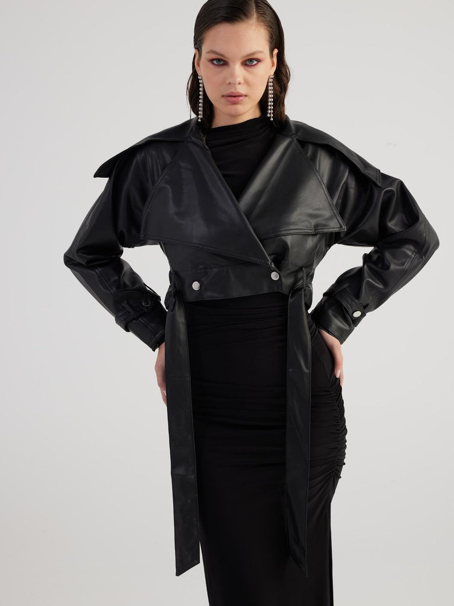 Neeko Black Faux Leather Cropped Jacket-0