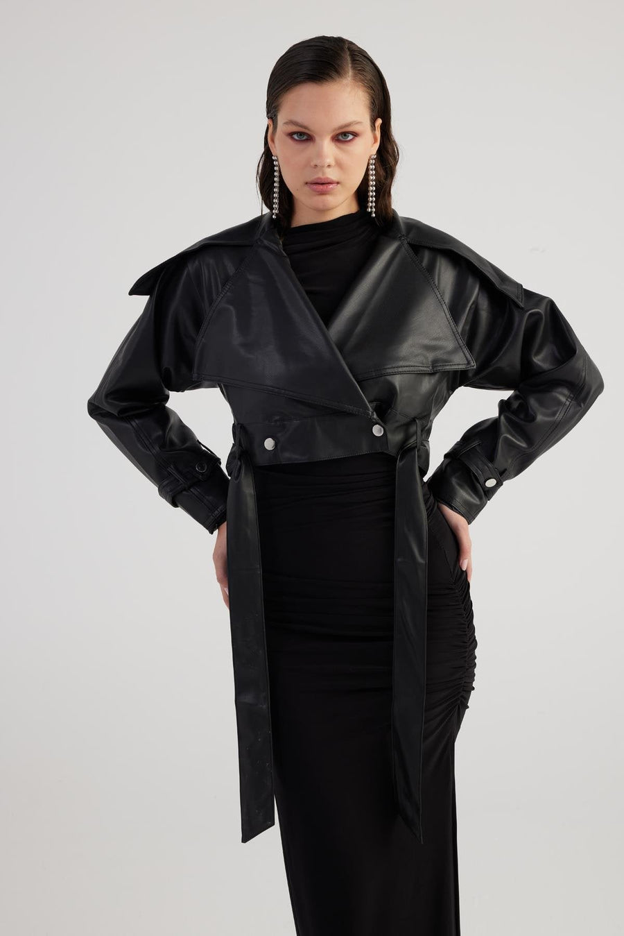 Neeko — Black Faux Leather Cropped Jacket