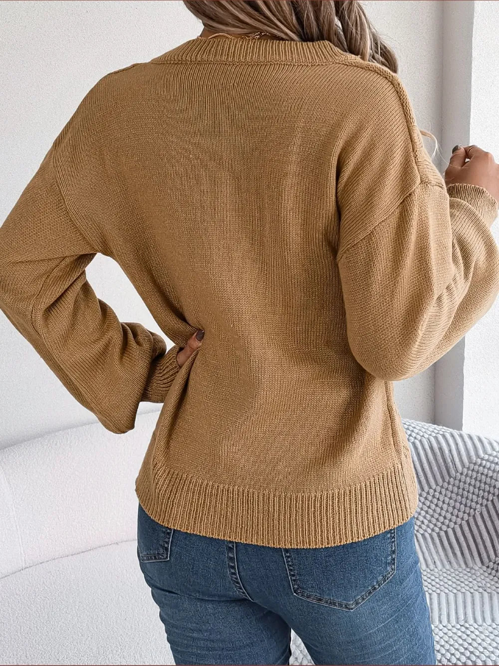 Quinn Rivière — Cable-Knit Buttoned V-Neck Sweater, alternate view 9
