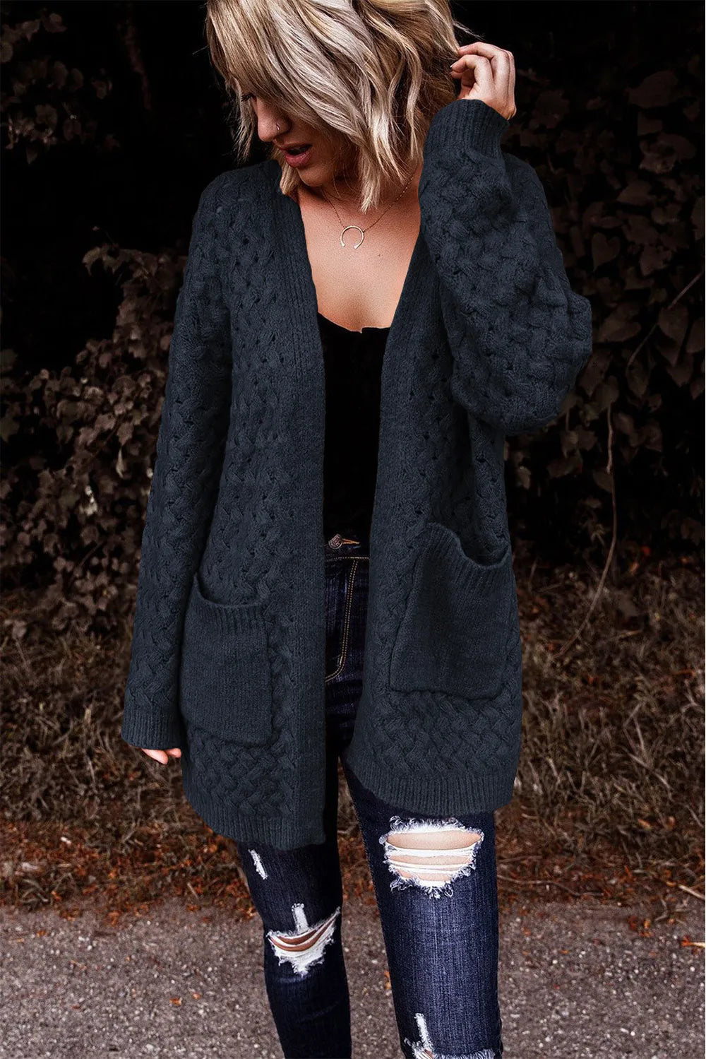 Perrin Delacroix — Open Front Dropped Shoulder Cardigan with Pockets, alternate view 20
