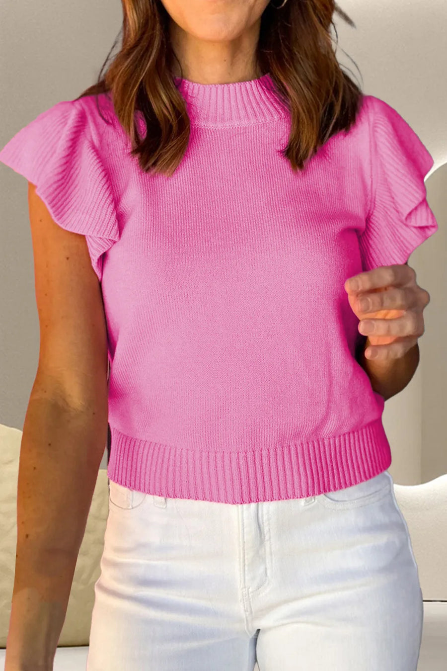 Harbor Delacroix — Ruffled Round Neck Cap Sleeve Sweater