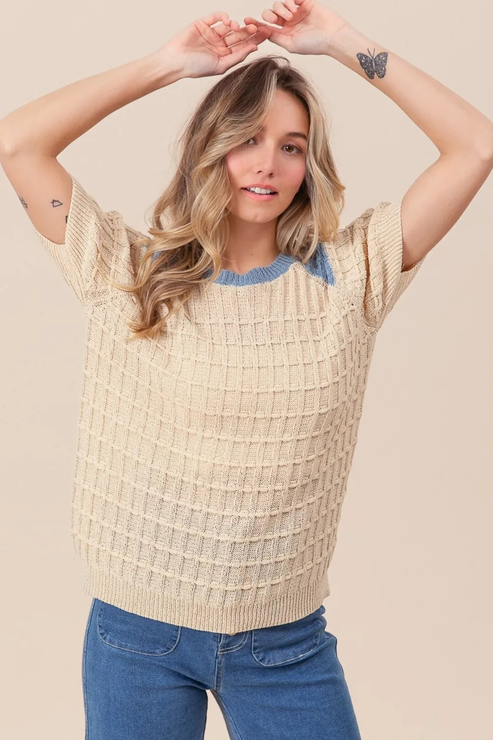 Sasha Delacroix — BiBi Textured Contrast Short Sleeve Sweater, alternate view 4