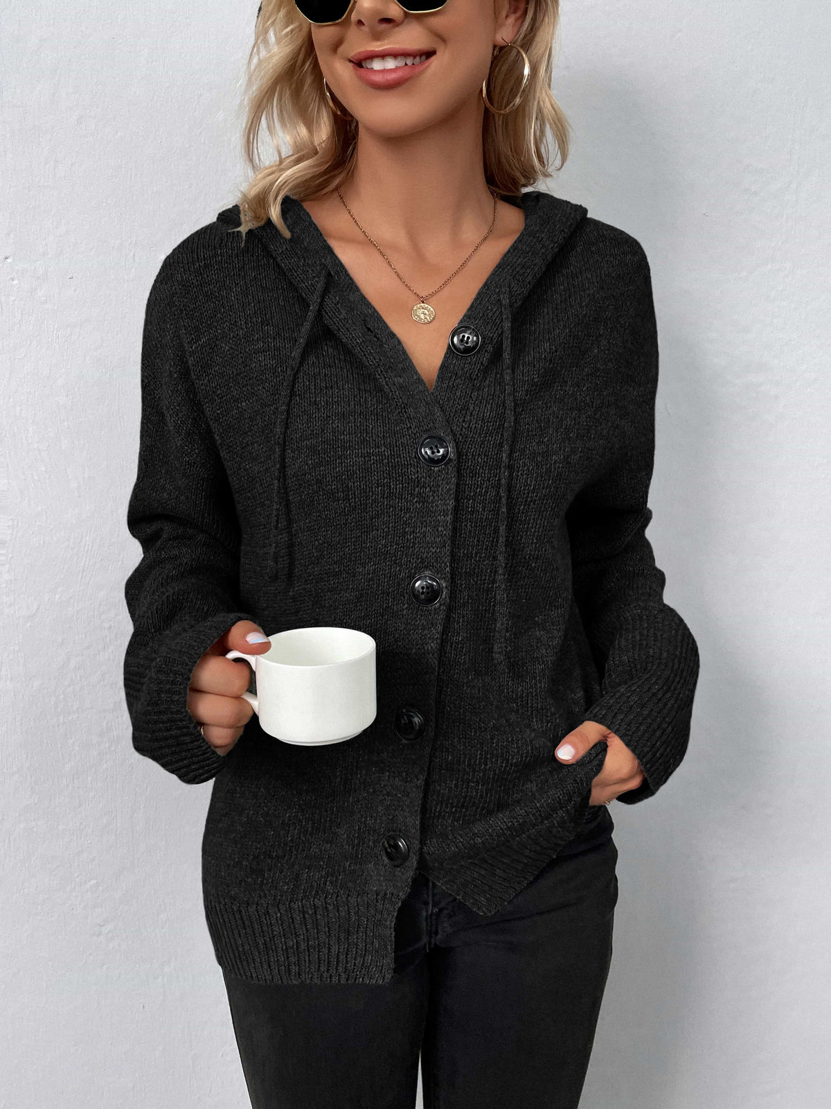 Onyx Valmont — Button-Down Long Sleeve Hooded Sweater, alternate view 7