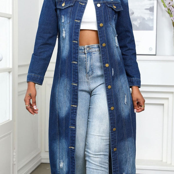 Distressed Button Up Collared Neck Denim Top