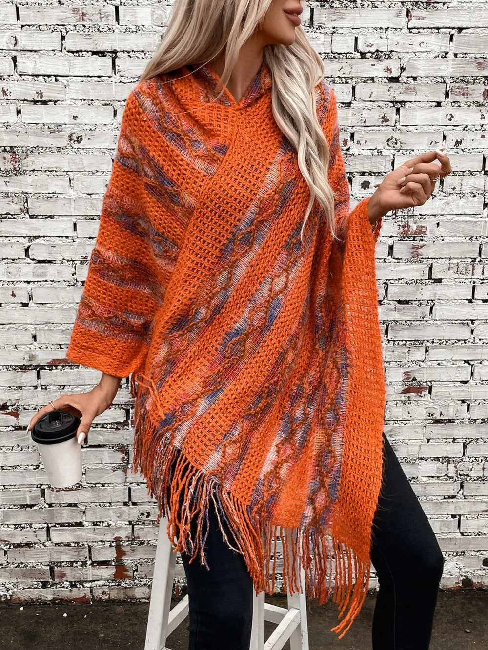 Aster Versailles — Fringe Contrast Hooded Poncho