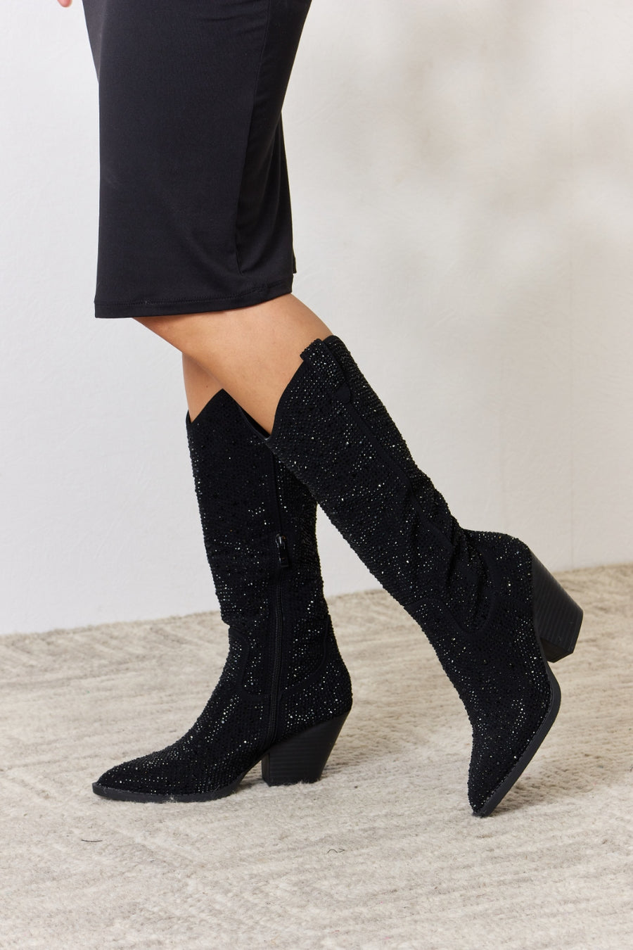 Lake Beaumont — Forever Link Rhinestone Knee High Cowboy Boots Black Fashion Footwear