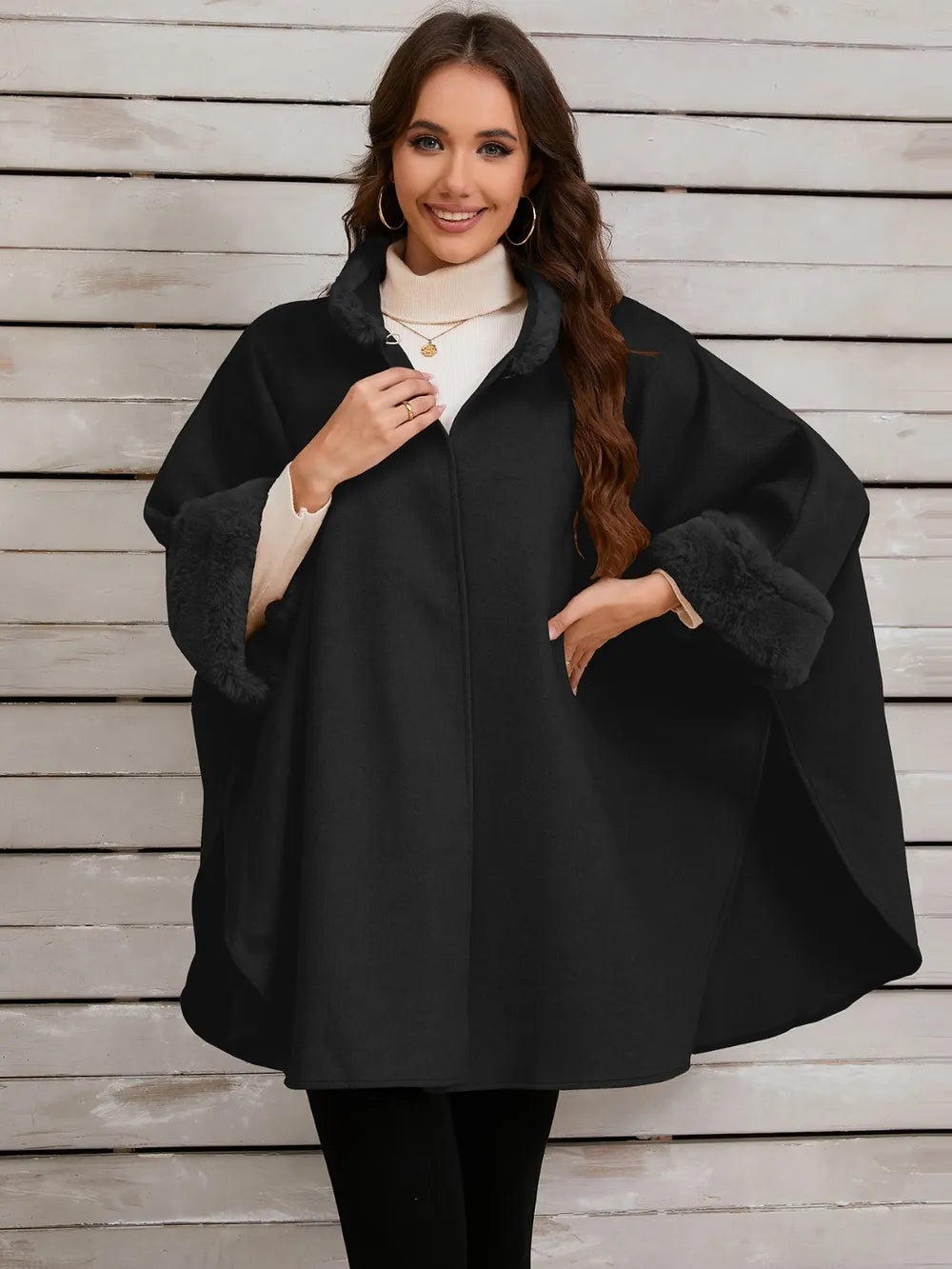 Quinn Versailles — Fuzzy Trim Long Sleeve Poncho, alternate view 16