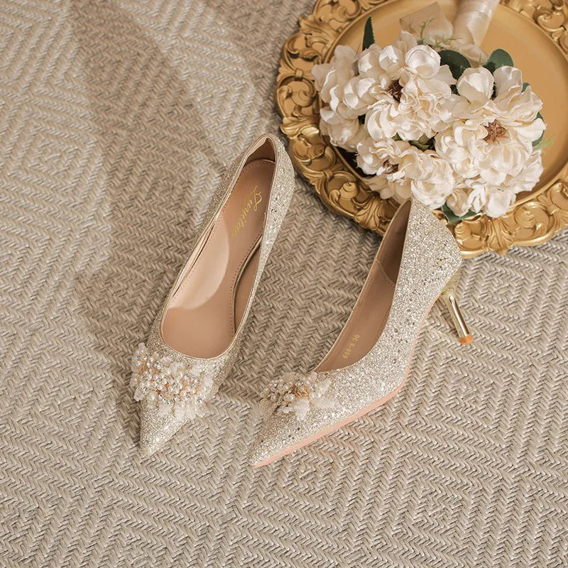Blaise Sorrento — Pearl Detail Point Toe Pumps Gold Fashion Footwear, alternate view 5