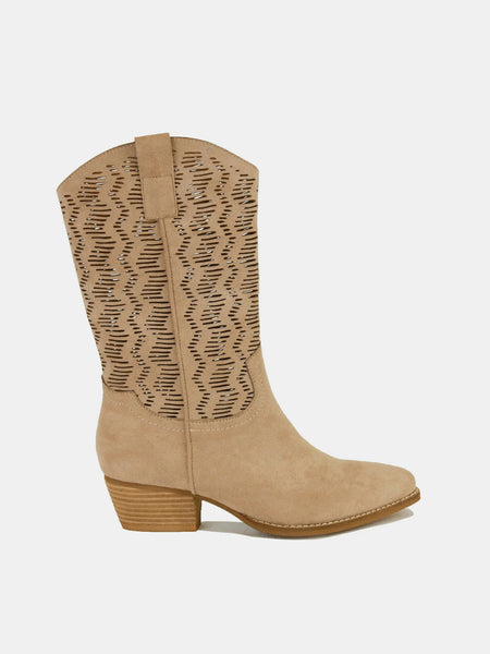 Beast Fashion Faux Suede Laser Cut Detail Block Heel Boots - Opulent Empire