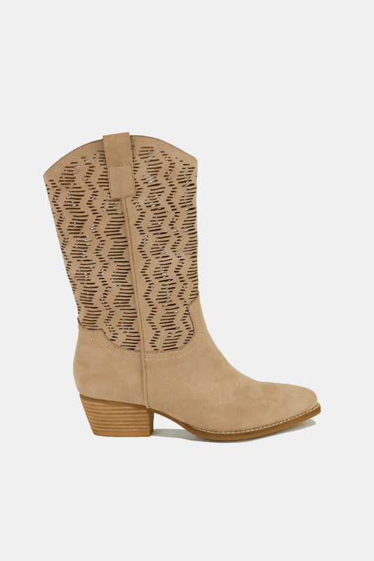 Beast Fashion Faux Suede Laser Cut Detail Block Heel Boots - Opulent Empire