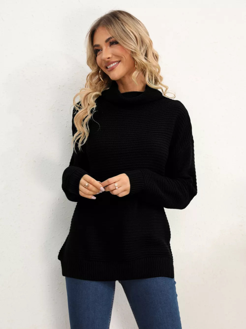 Monroe Fontaine — Slit Turtleneck Dropped Shoulder Sweater, alternate view 36