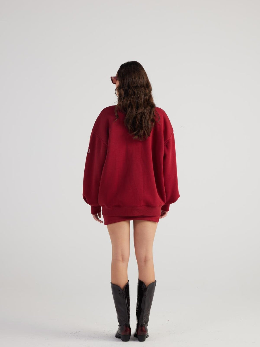 Alexa Burgundy Oversize Bomber Jacket with Removable Rose Accessory