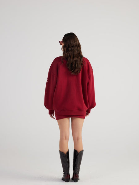 Alexa Burgundy Oversize Bomber Jacket with Removable Rose Accessory