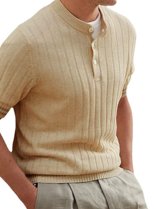 Men's Plus Size Ribbed Quarter Button Round Neck Striped Trim Polo - Opulent Empire