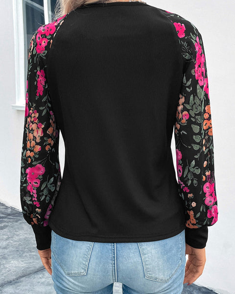 Floral Round Neck Lantern Sleeve Blouse - Opulent EmpireFloral Round Neck Lantern Sleeve BlouseOpulent Empire