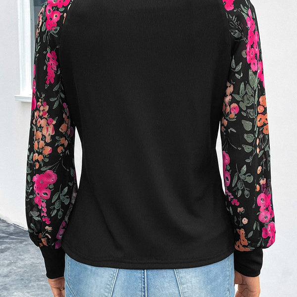 Floral Round Neck Lantern Sleeve Blouse - Opulent EmpireFloral Round Neck Lantern Sleeve BlouseOpulent Empire