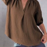 Frill Notched Half Sleeve Blouse - Opulent EmpireFrill Notched Half Sleeve BlouseOpulent Empire